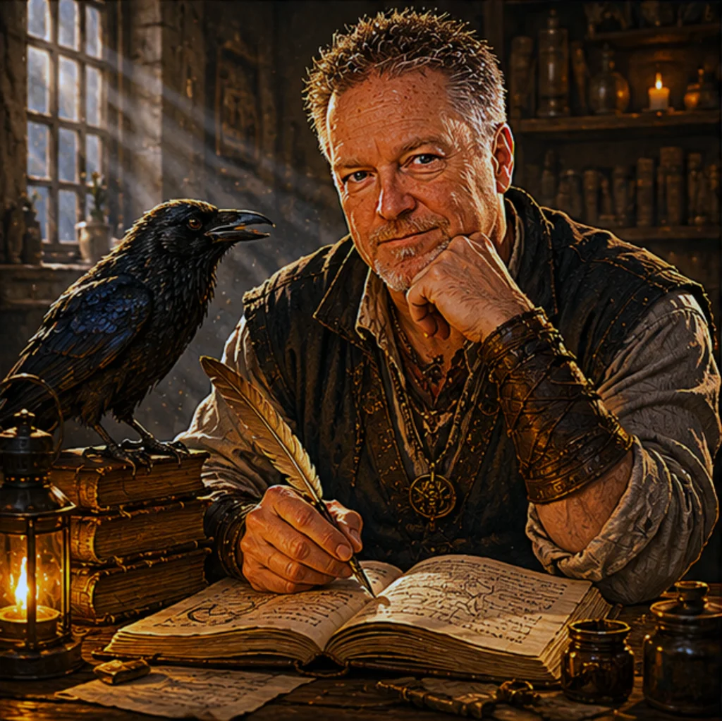 Fantasy author portrait of Jason E. Spinkrer with a raven, books, candlelight, and maps