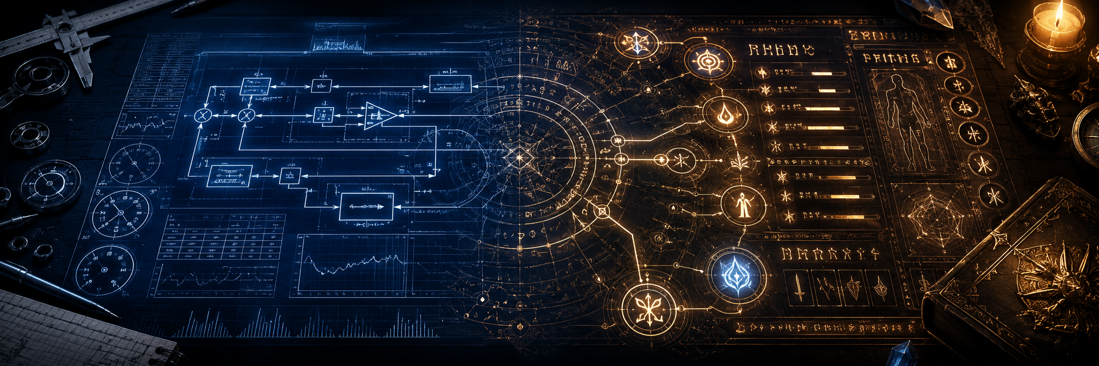 A split image showing a technical schematic beside a mystical diagram with glowing runes.