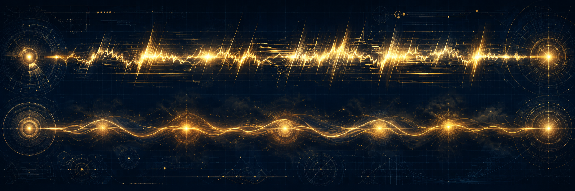 Abstract golden waveforms and circular diagrams on a dark blue background.
