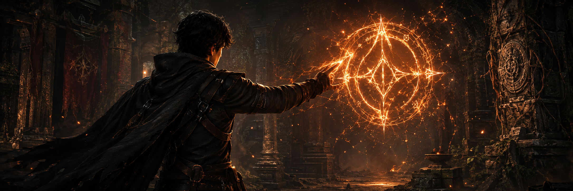 A man in a dark cloak casts a glowing orange rune in a dimly lit, ancient chamber.