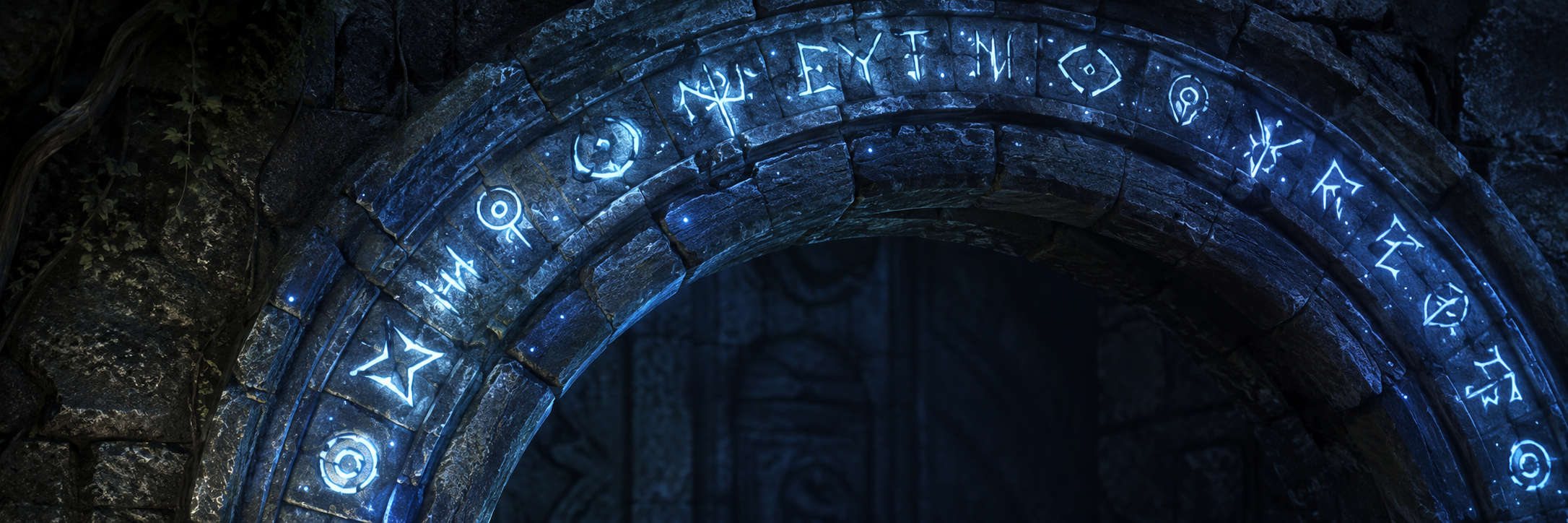 An ancient stone archway inscribed with glowing blue runes and symbols.
