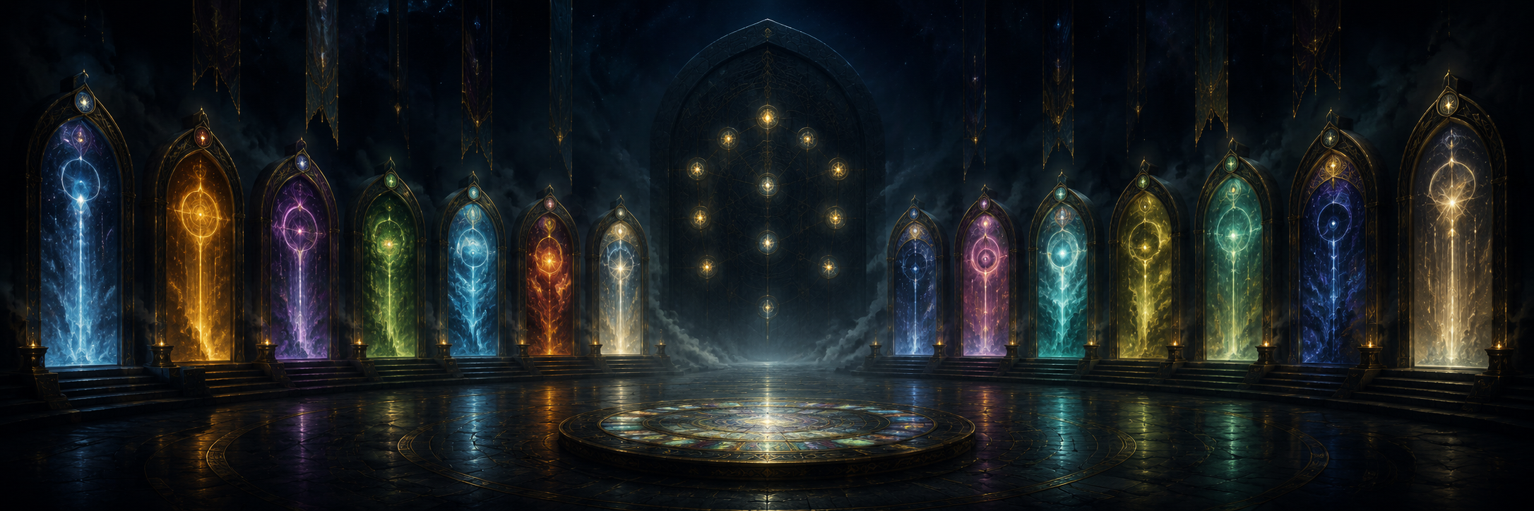 A grand hall with a circular mosaic floor and an ornate archway, representing the Soul Space.