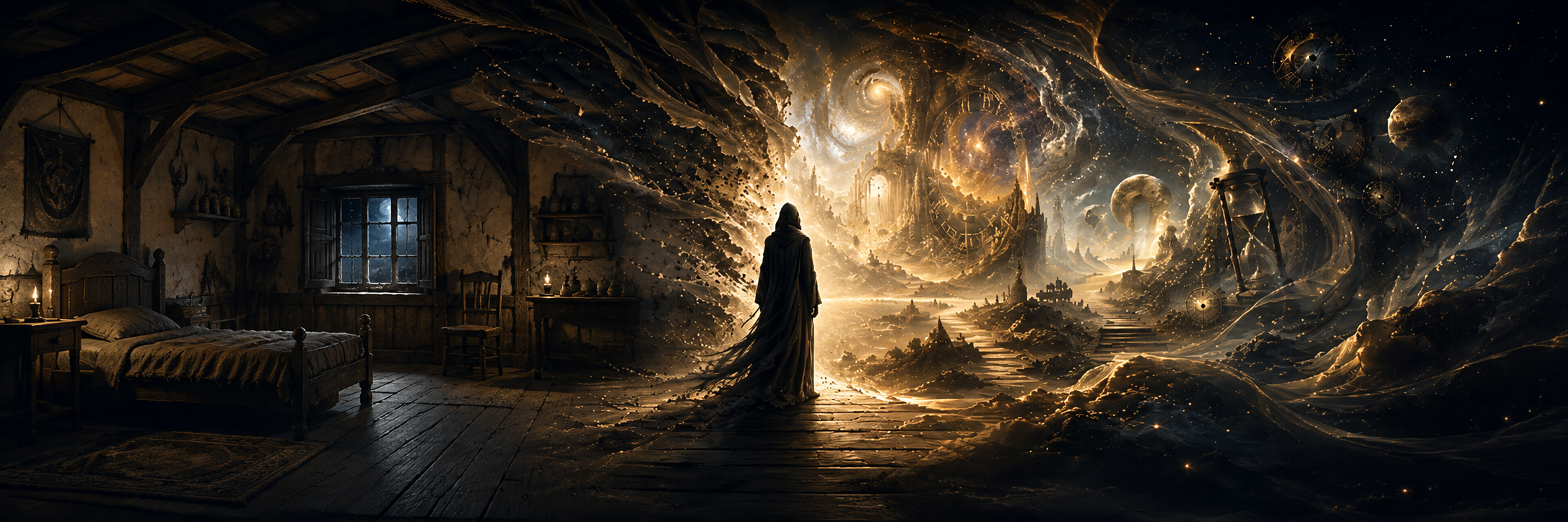 A cloaked figure stands at the threshold between a rustic room and a cosmic landscape filled with celestial bodies and fantastical architecture.