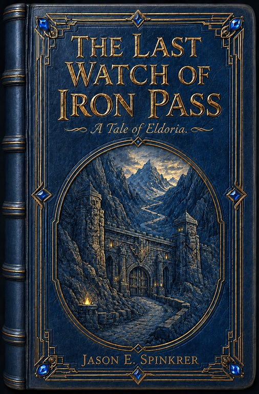 The dark blue cover of The Last Watch of Iron Pass, showing a fortress in a mountain pass.