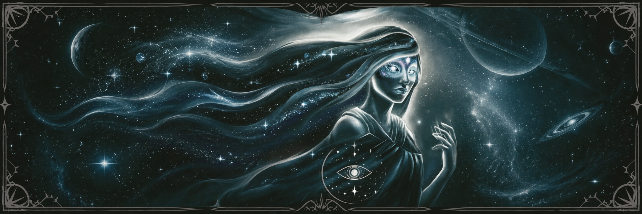 A celestial being with flowing hair made of stars and galaxies gazes forward, with planets and nebulae in the background.
