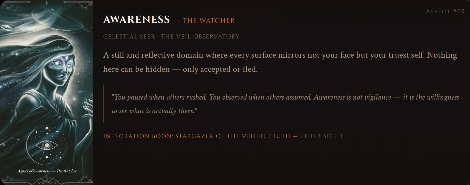 A celestial seer with starlit skin stands in the Veil Observatory, representing the Aspect of Awareness.
