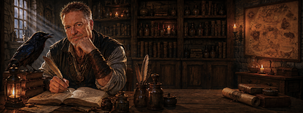 A man with a raven on his shoulder writes at a desk in a dimly lit study.
